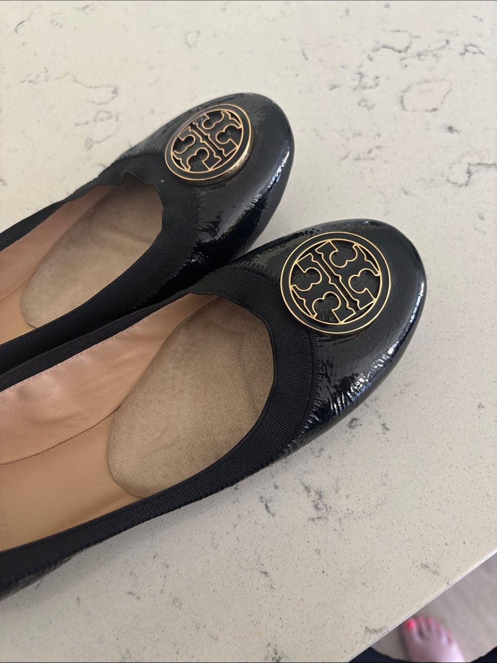 Tory Burch Black Patent Logo Round-Toe Ballet Flats